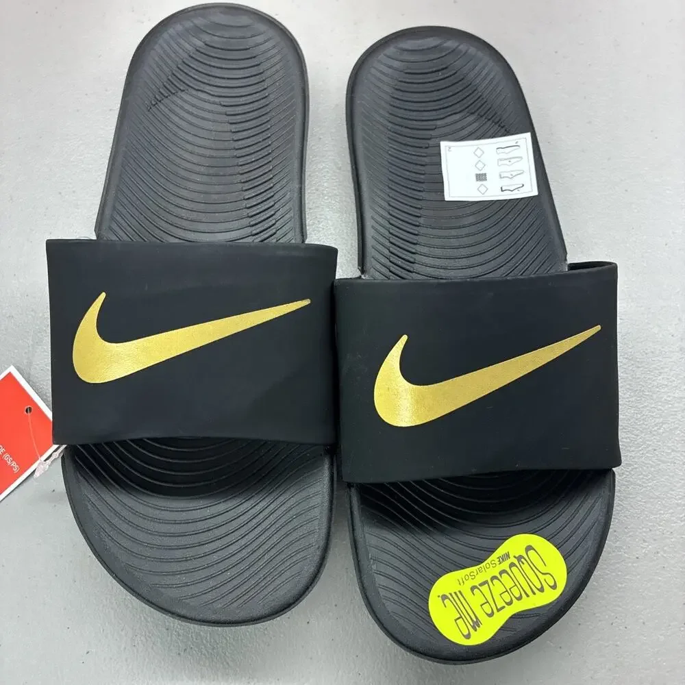 Nike Kawa Slide (GS) Sandals Slides Slip-On Black Gold Boys Size 7 NEW WITH Box